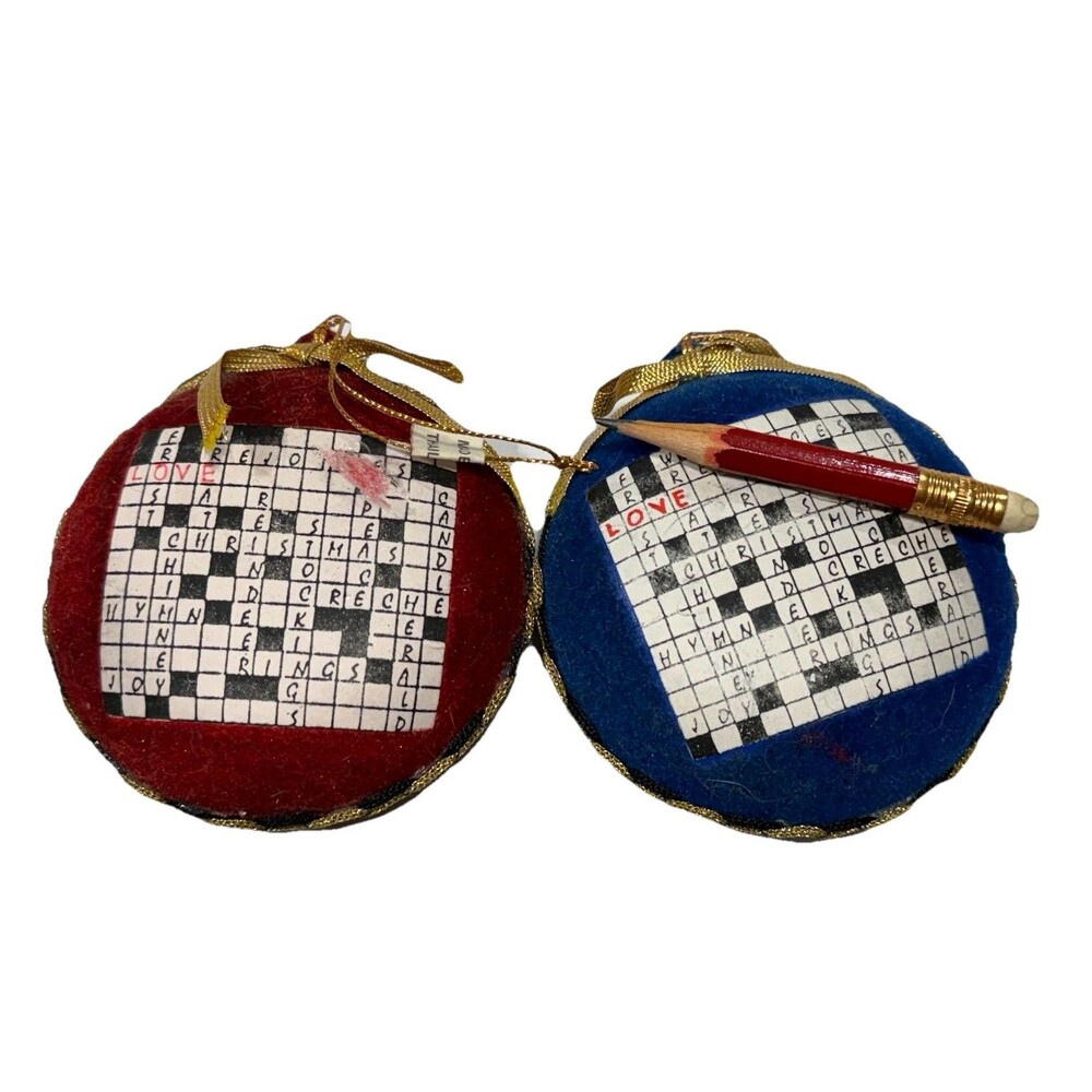 Vintage Crossword Puzzle Christmas Ornaments Velvet Round Made In Thailand